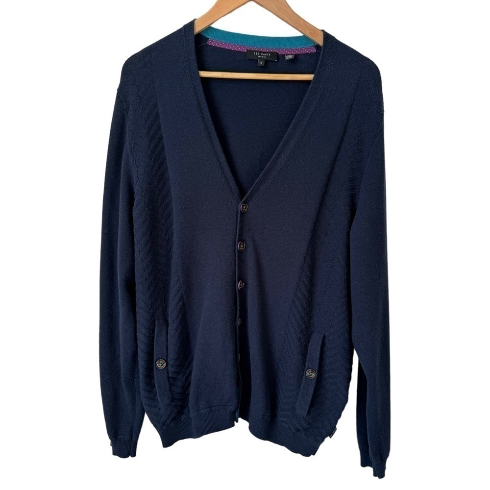 Ted Baker Cotton Wool Blend Navy Knit Button Up V-Neck Cardigan Sweater Womens 6